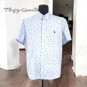 U.S. Polo Assn Blue Button Down Short Sleeved Cotton Shirt Palm Trees Size XL